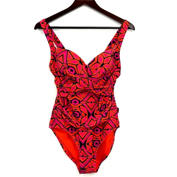 New Wave Zone Sz M One Piece Bathing Swim Suit Pink Orange Summer Ruching U4 - Picture 1 of 12